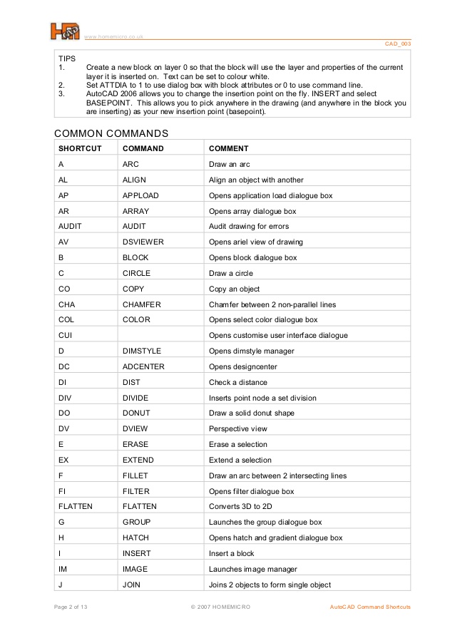 autocad commands list